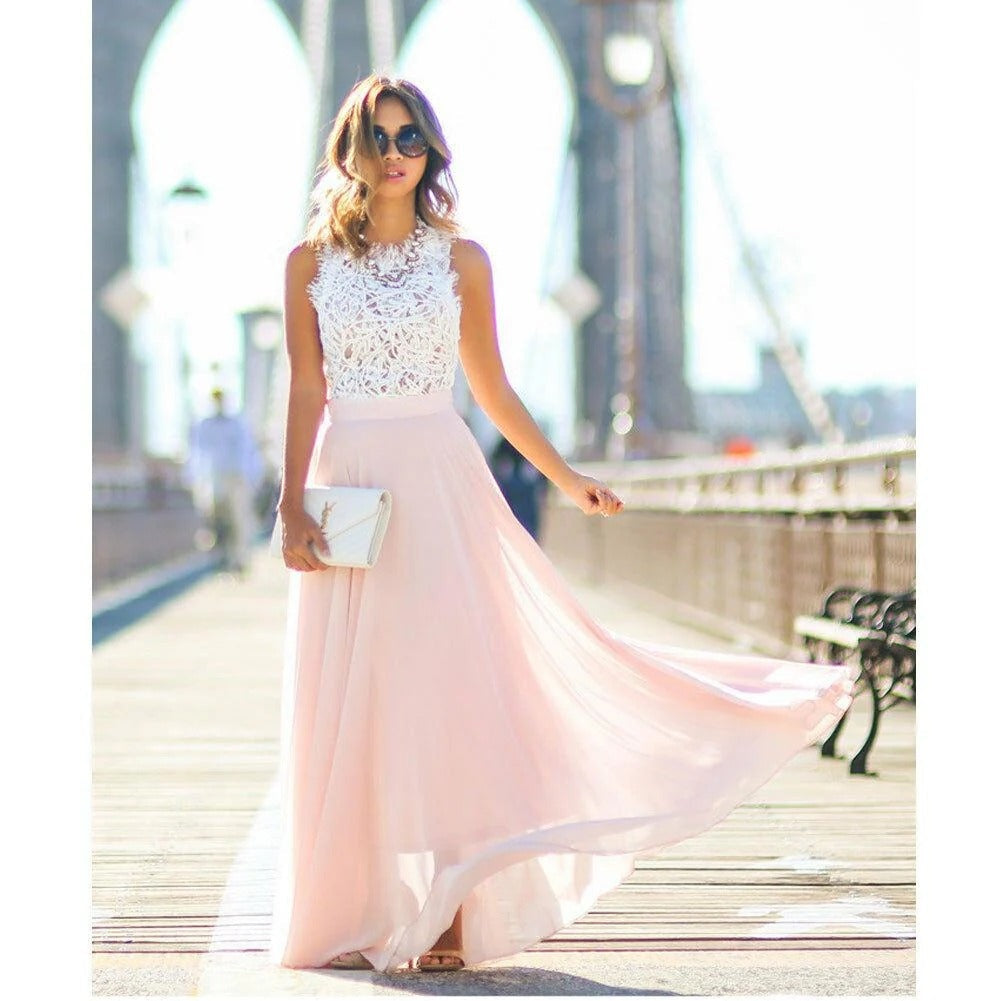 Celeste | Vestido Largo de Encaje con Falda de Gasa Mujer Sin Mangas