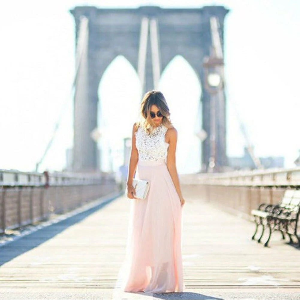 Celeste | Vestido Largo de Encaje con Falda de Gasa Mujer Sin Mangas