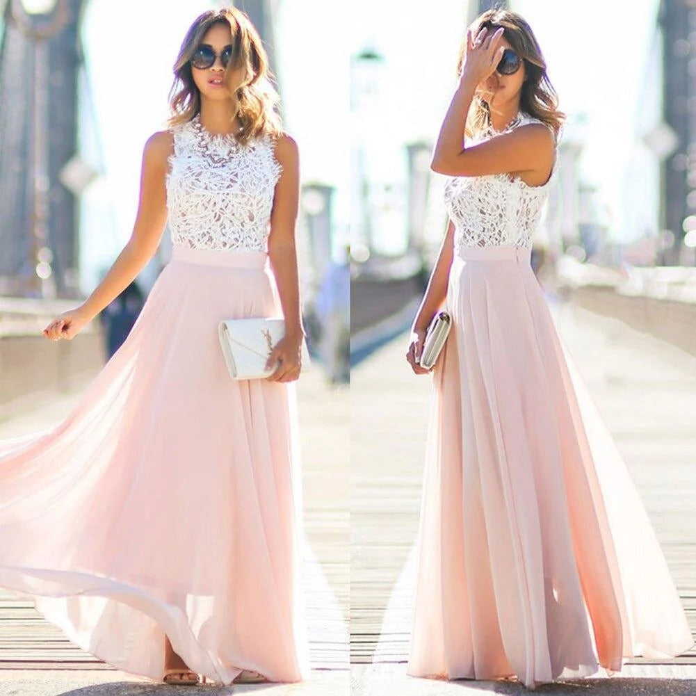 Celeste | Vestido Largo de Encaje con Falda de Gasa Mujer Sin Mangas