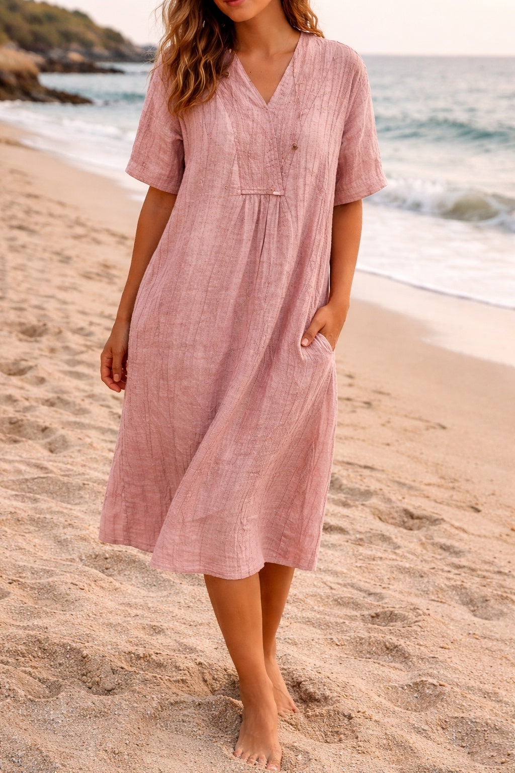 Concha | Vestido Midi de Lino con Escote en V Mujer Manga Corta
