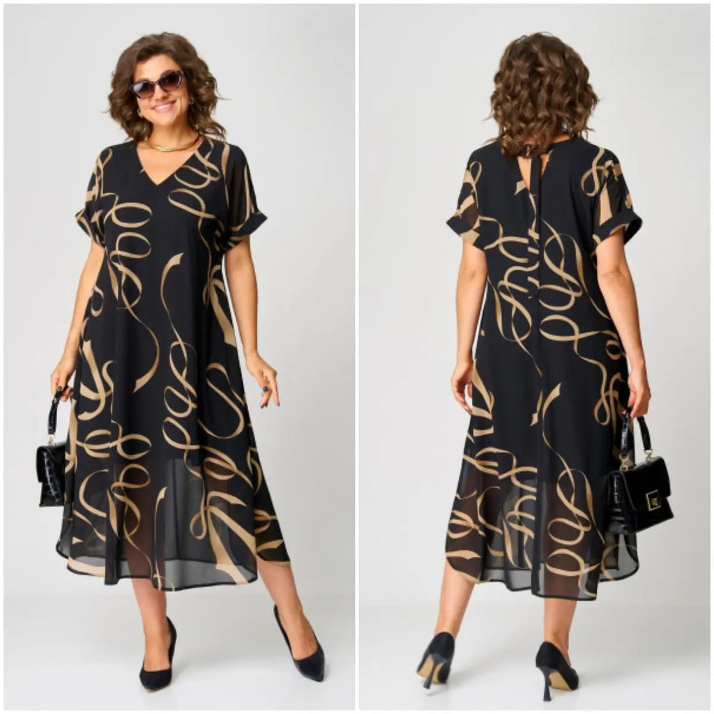 Concha | Vestido Midi Elegante Estampado Mujer Escote V Manga Corta
