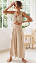 Marina | Conjunto de Dos Piezas de Lino Pantalón Fluido Mujer Top Escote V