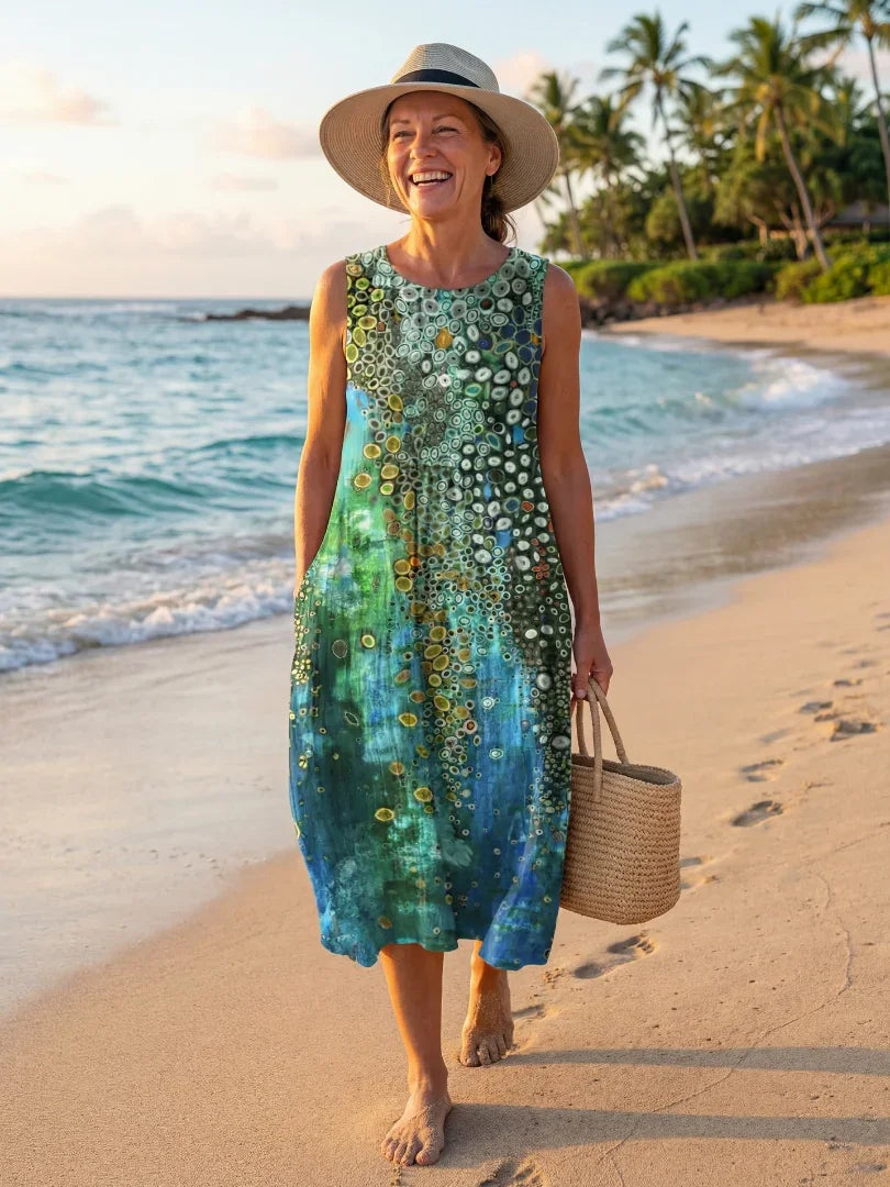 Coral | Vestido Midi Estampado Geométrico de Playa Mujer Sin Mangas