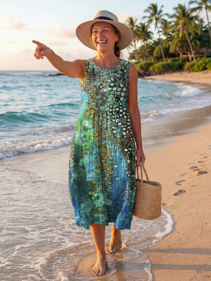 Coral | Vestido Midi Estampado Geométrico de Playa Mujer Sin Mangas