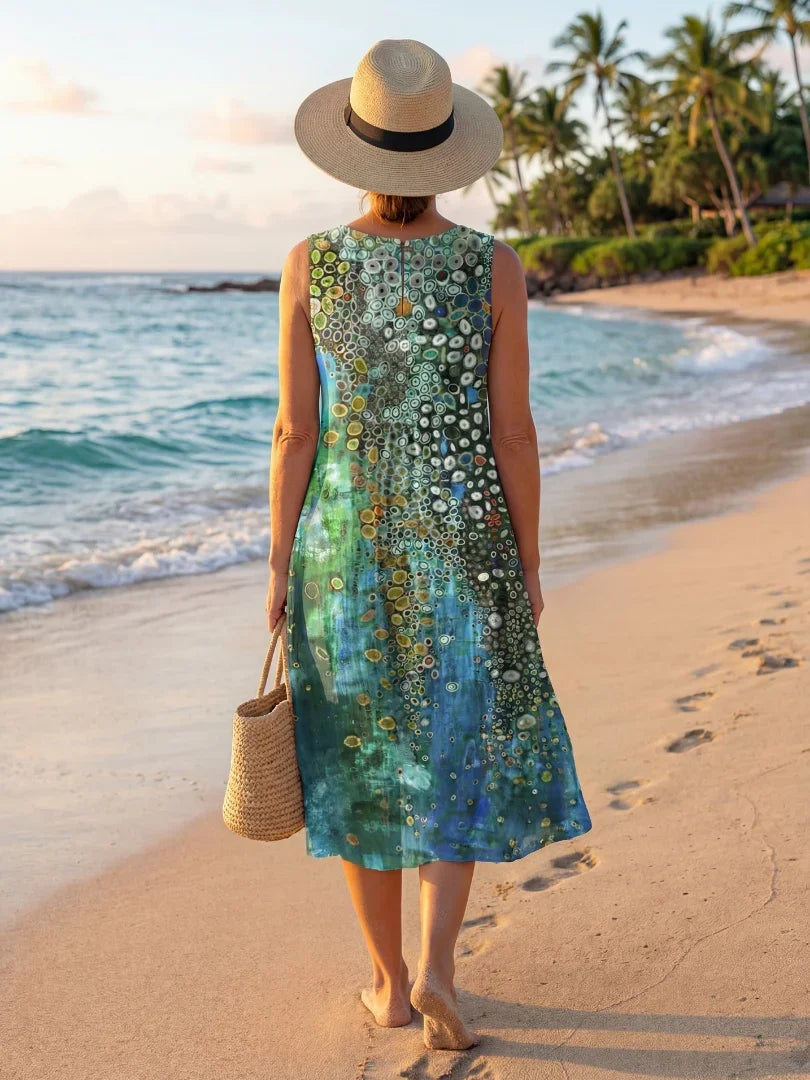 Coral | Vestido Midi Estampado Geométrico de Playa Mujer Sin Mangas
