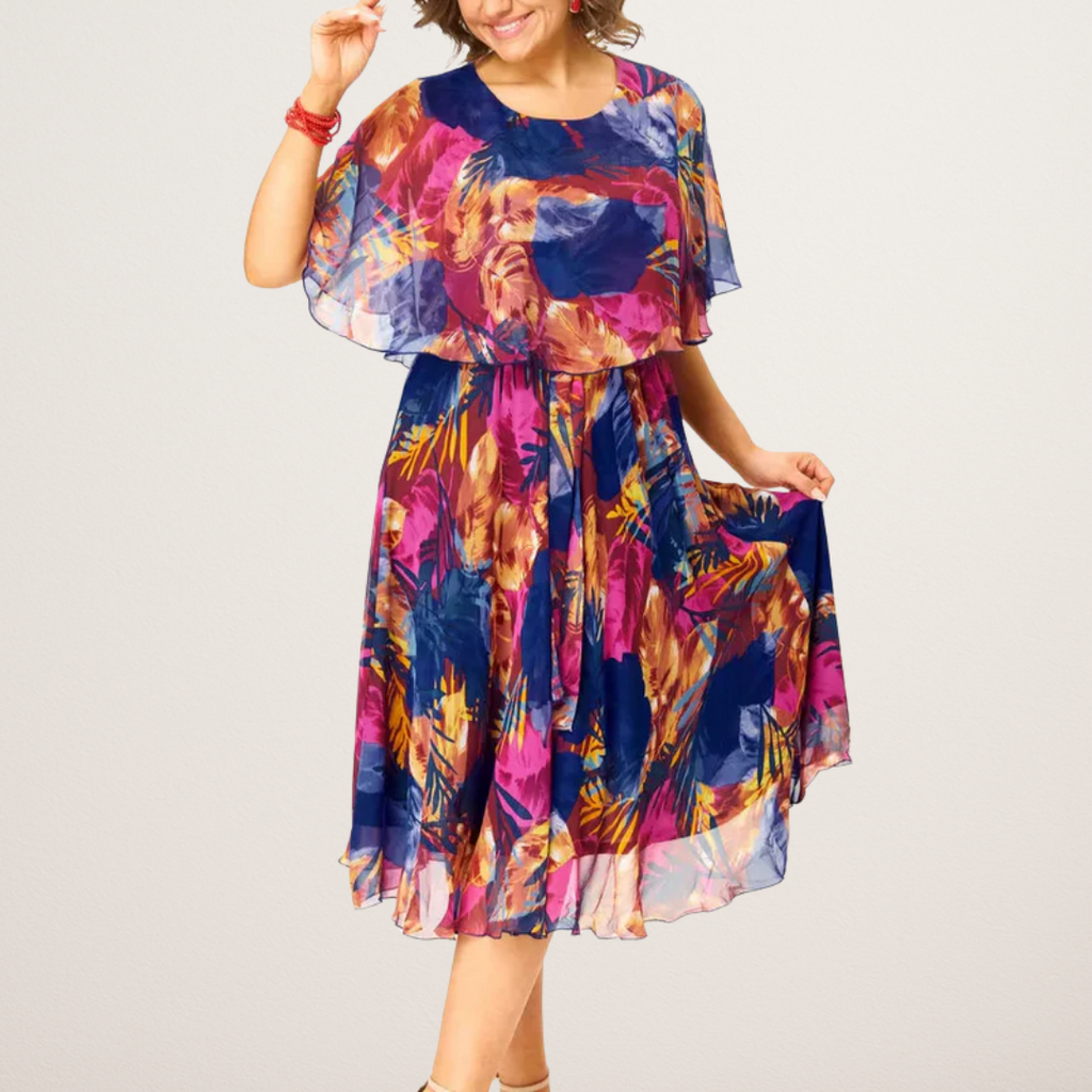 Covadonga | Vestido Midi de Cóctel con Volantes Mujer Estampado Tropical