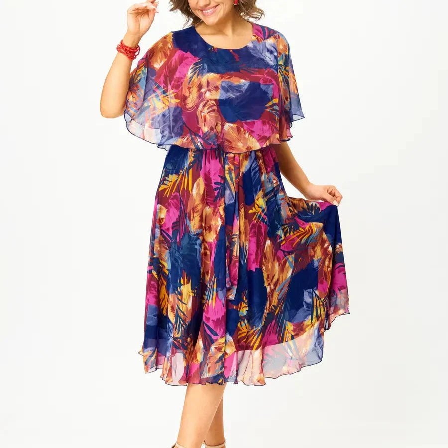 Covadonga | Vestido Midi de Cóctel con Volantes Mujer Estampado Tropical
