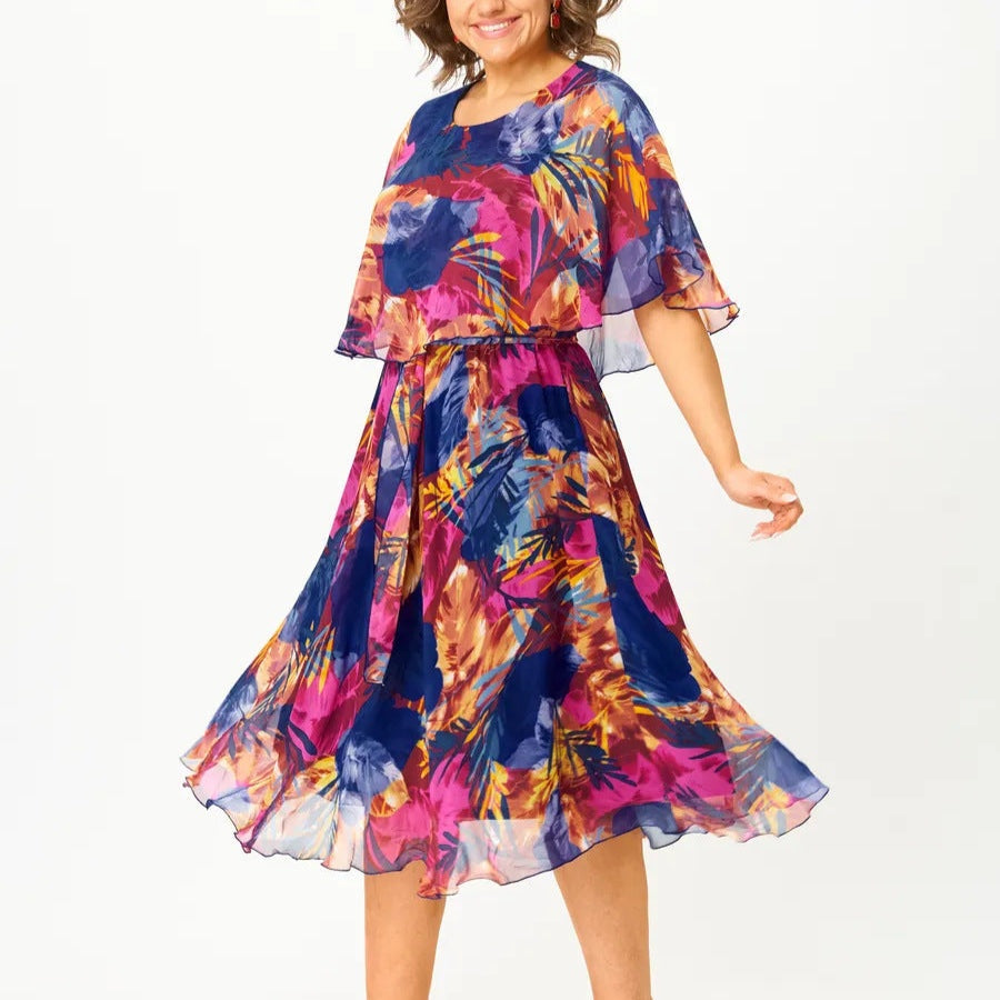 Covadonga | Vestido Midi de Cóctel con Volantes Mujer Estampado Tropical