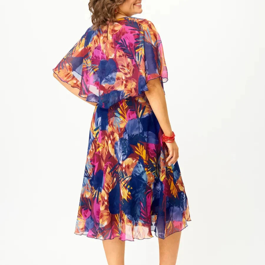 Covadonga | Vestido Midi de Cóctel con Volantes Mujer Estampado Tropical