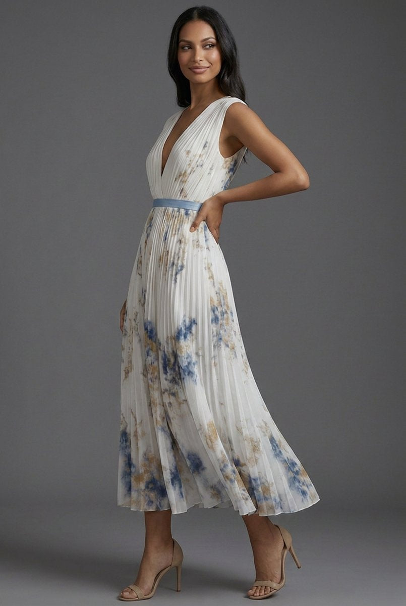 Daniela | Vestido Midi Plisado Estampado Floral Mujer Escote V Cinturón