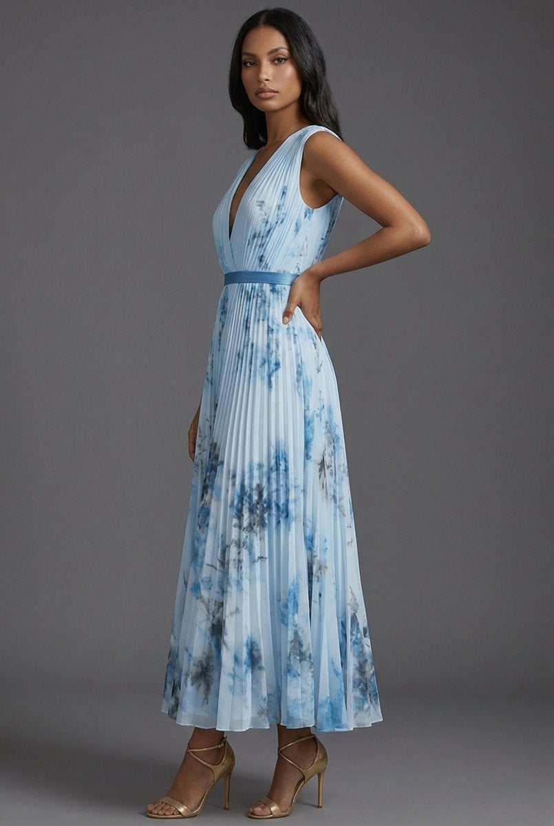 Daniela | Vestido Midi Plisado Estampado Floral Mujer Escote V Cinturón