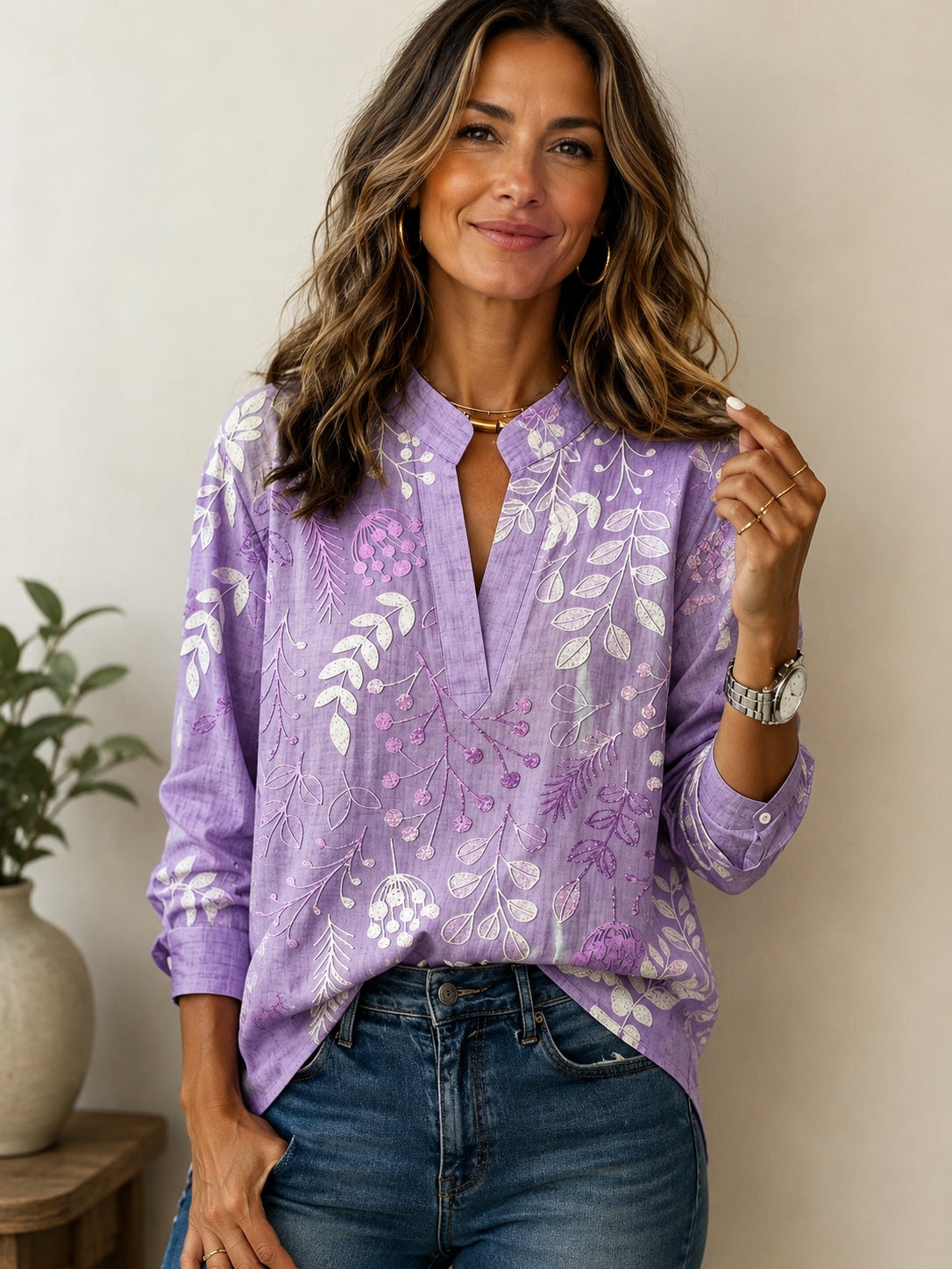 Delia | Blusa Estampada Floral de Manga Larga Mujer Escote V