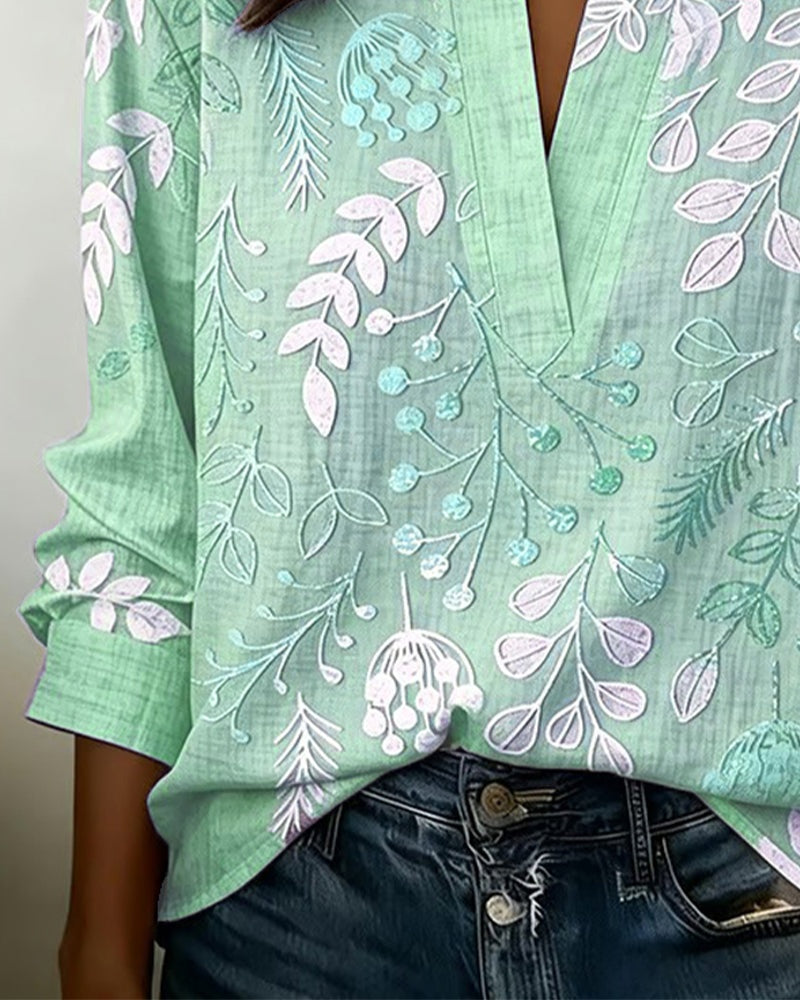 Delia | Blusa Estampada Floral de Manga Larga Mujer Escote V