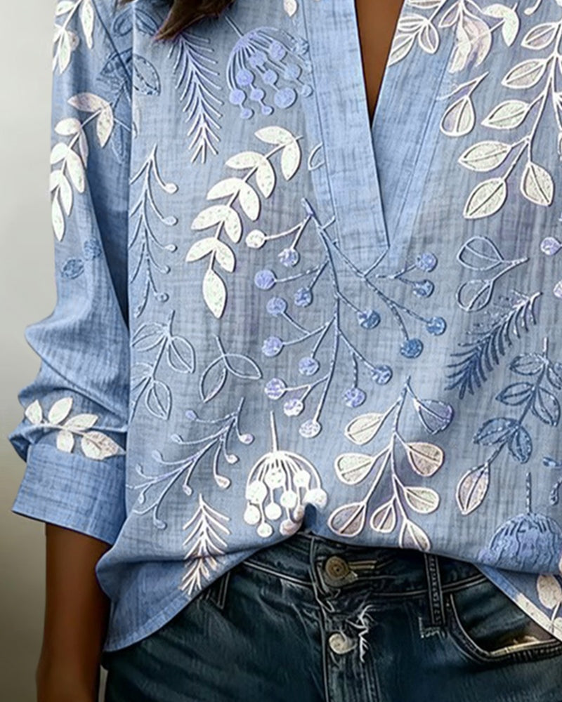 Delia | Blusa Estampada Floral de Manga Larga Mujer Escote V