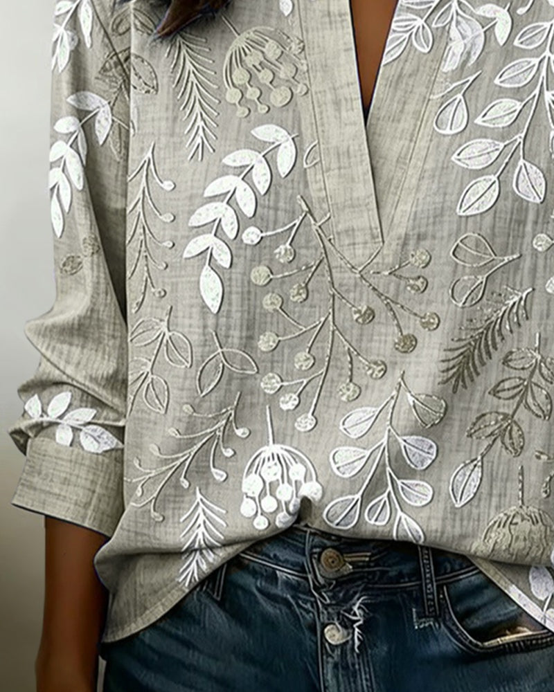 Delia | Blusa Estampada Floral de Manga Larga Mujer Escote V