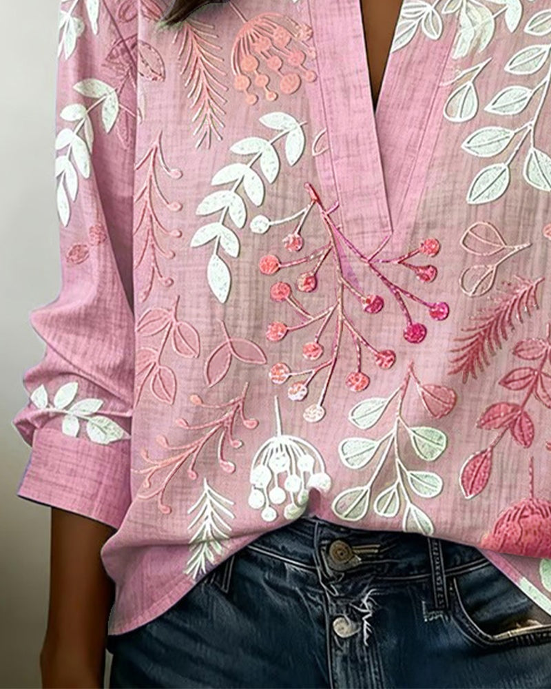 Delia | Blusa Estampada Floral de Manga Larga Mujer Escote V