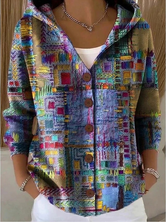 Delia | Chaqueta Larga Estampada con Capucha Mujer Botones
