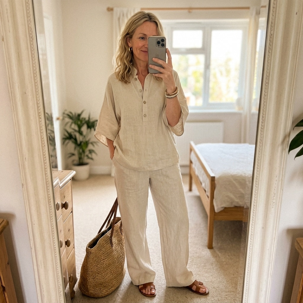 Elena | Conjunto de Lino Mujer Top Kimono Pantalón Pierna Ancha
