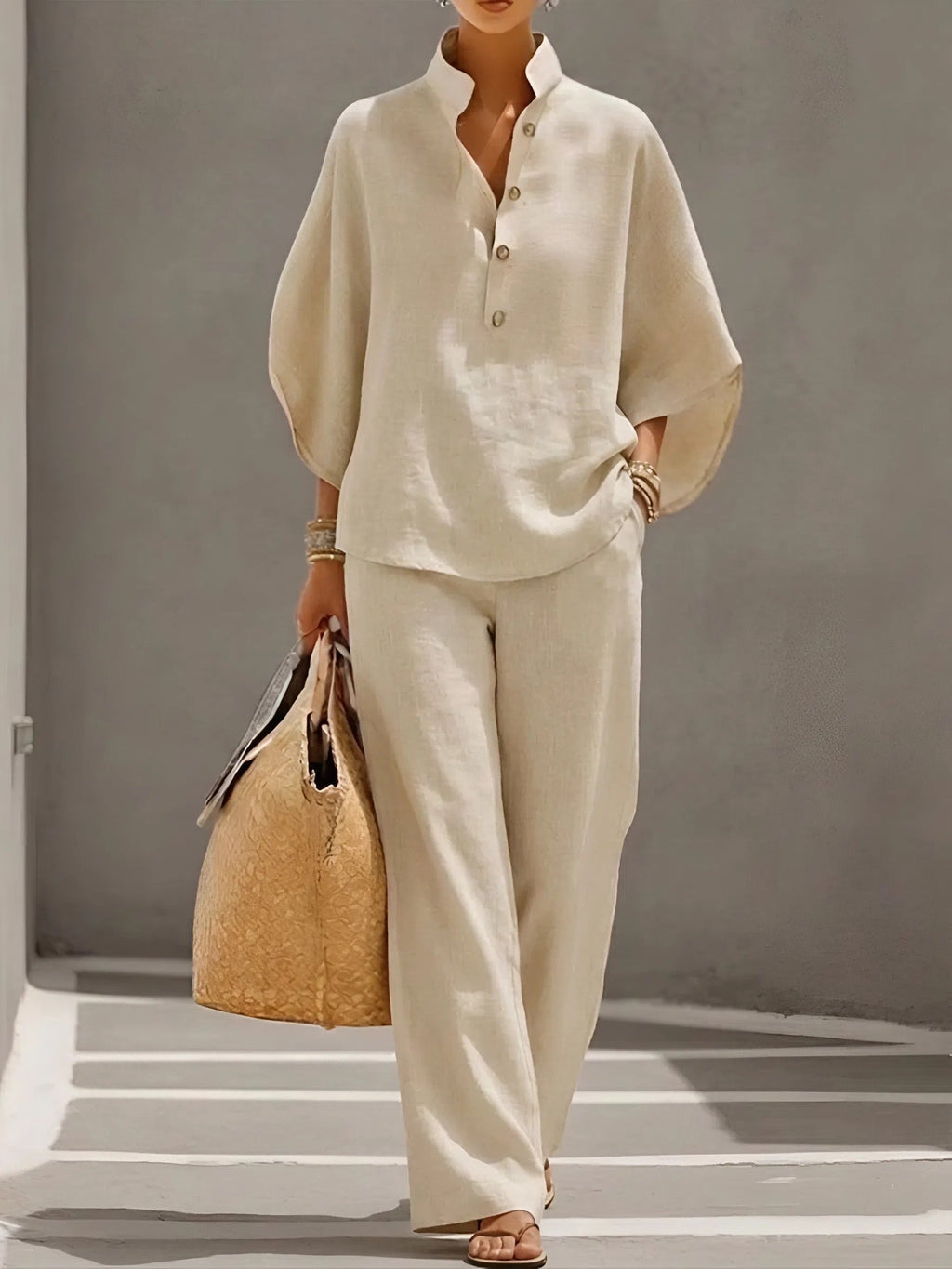 Elena | Conjunto de Lino Mujer Top Kimono Pantalón Pierna Ancha