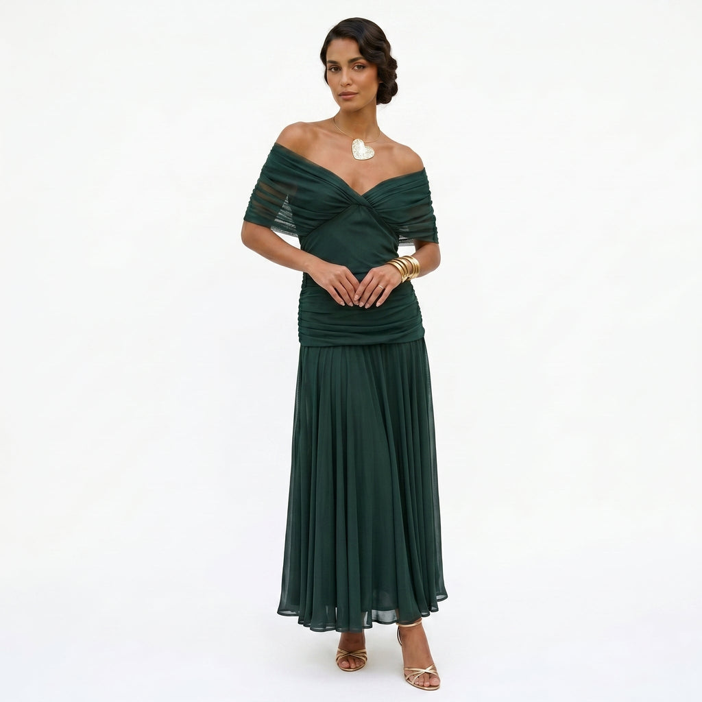 Esperanza | Vestido de Invitada de Boda Drapeado Mujer Hombros Descubiertos