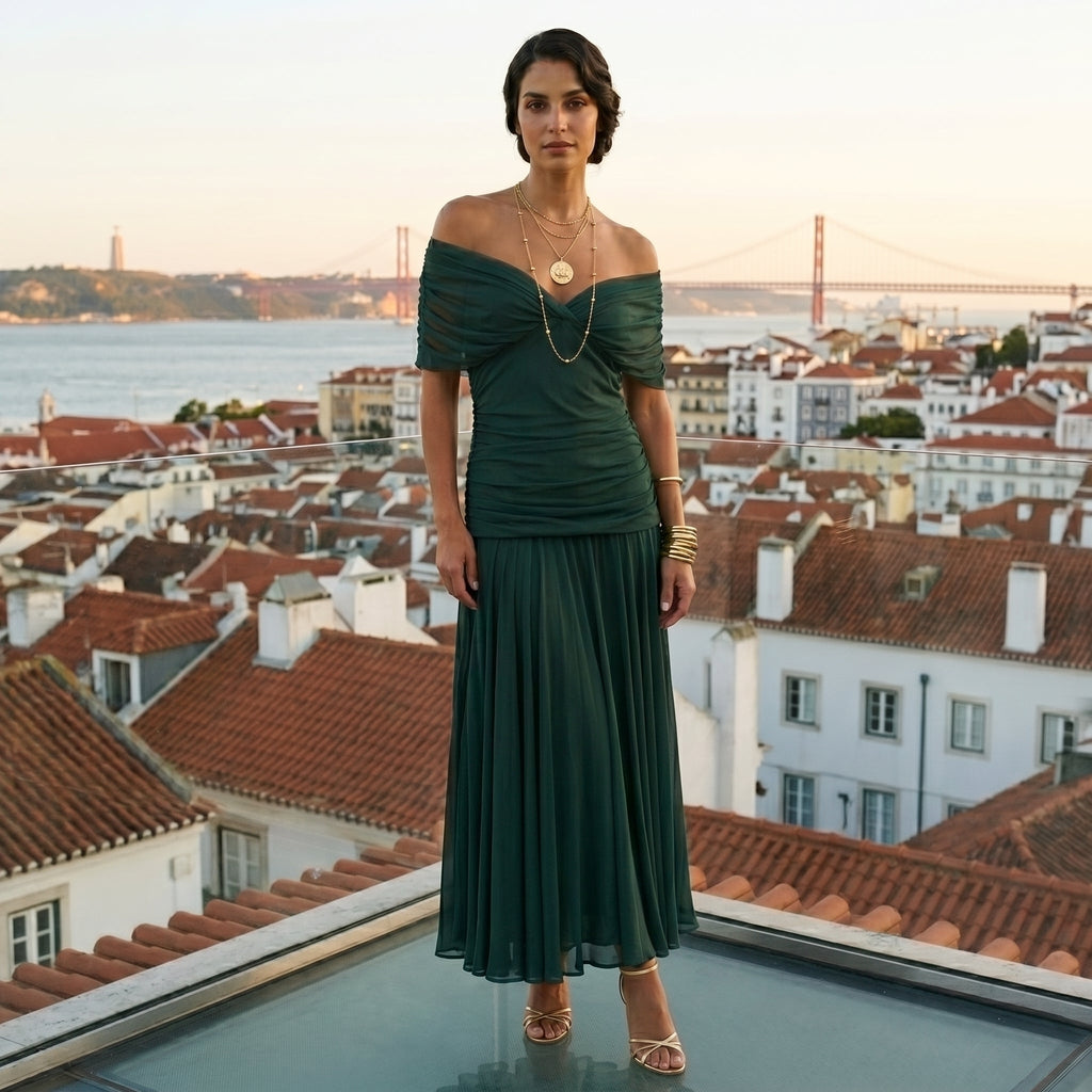 Esperanza | Vestido de Invitada de Boda Drapeado Mujer Hombros Descubiertos