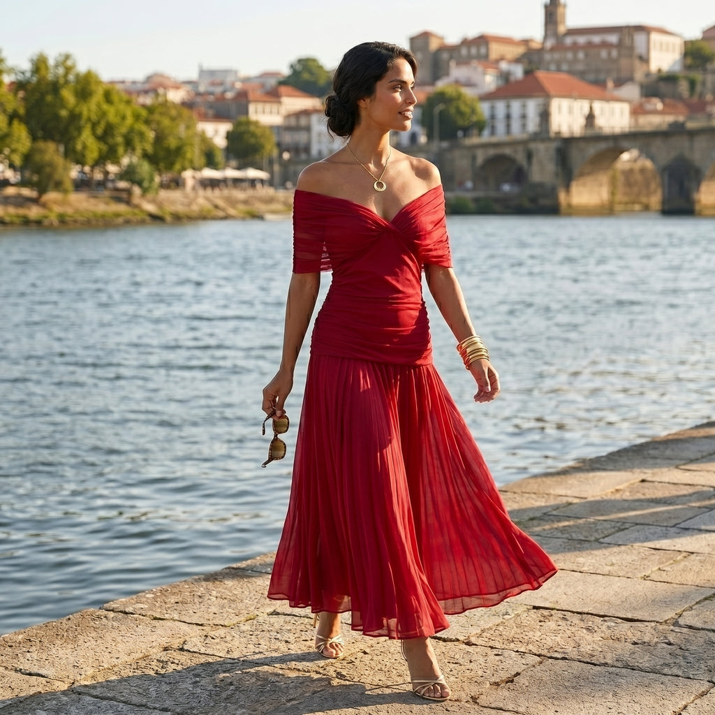 Esperanza | Vestido de Invitada de Boda Drapeado Mujer Hombros Descubiertos