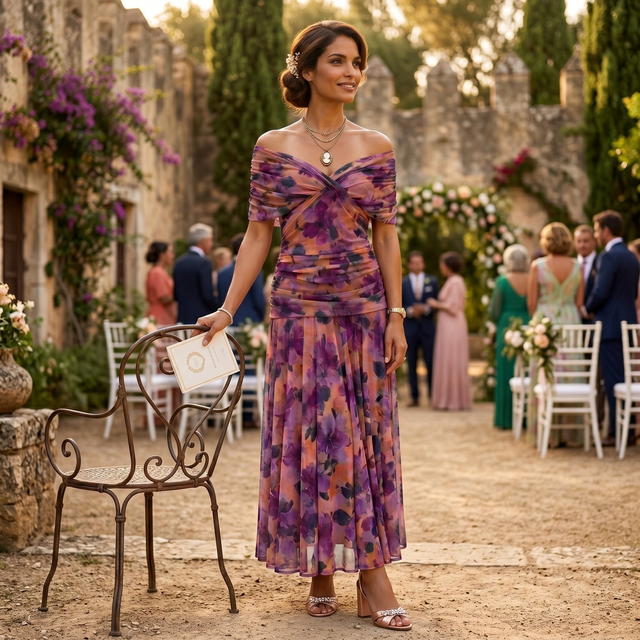 Esperanza | Vestido de Invitada de Boda Drapeado Mujer Hombros Descubiertos