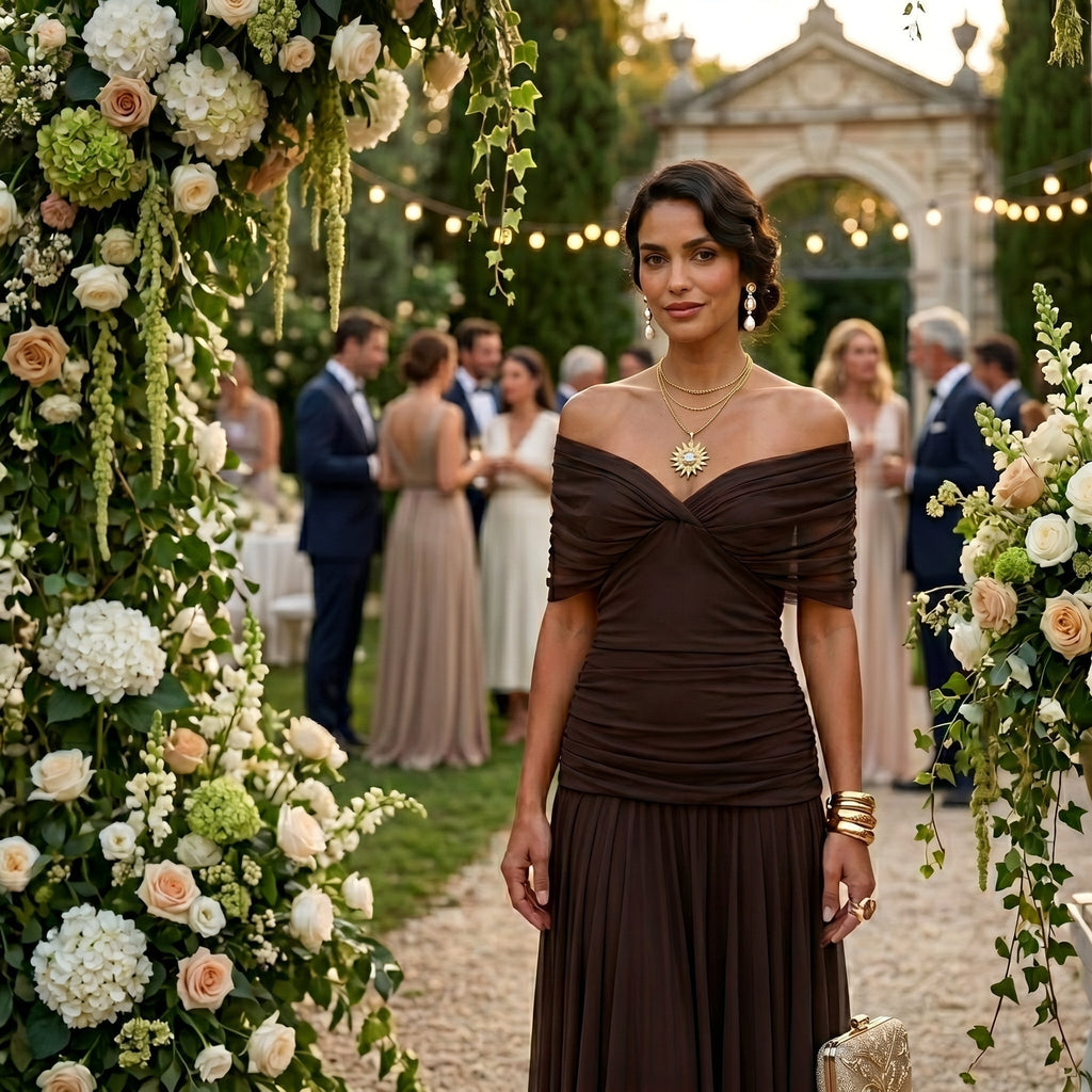 Esperanza | Vestido de Invitada de Boda Drapeado Mujer Hombros Descubiertos