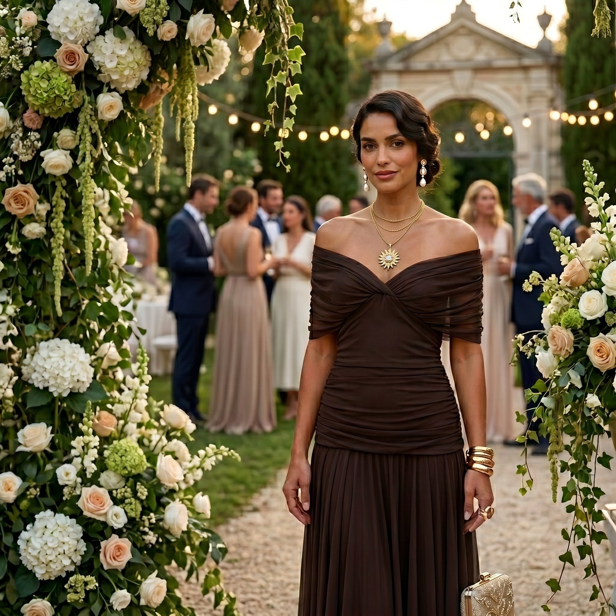 Esperanza | Vestido de Invitada de Boda Drapeado Mujer Hombros Descubiertos