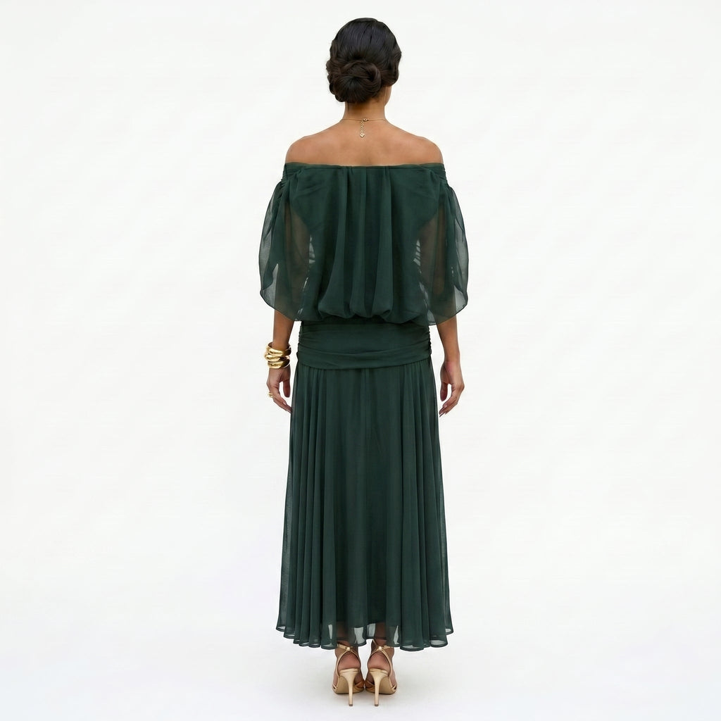 Esperanza | Vestido de Invitada de Boda Drapeado Mujer Hombros Descubiertos