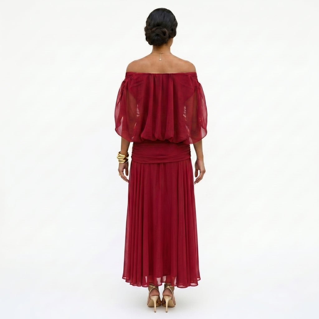 Esperanza | Vestido de Invitada de Boda Drapeado Mujer Hombros Descubiertos