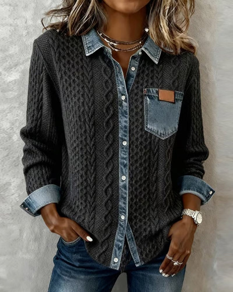 Esther | Blusa de Punto con Detalle Denim Mujer Manga Larga Trenzas