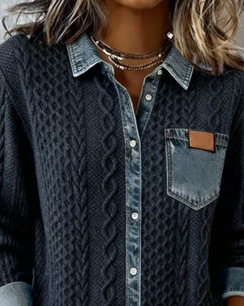 Esther | Blusa de Punto con Detalle Denim Mujer Manga Larga Trenzas