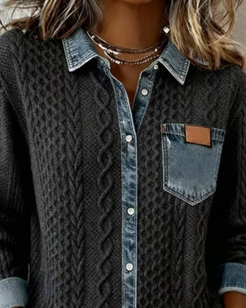 Esther | Blusa de Punto con Detalle Denim Mujer Manga Larga Trenzas