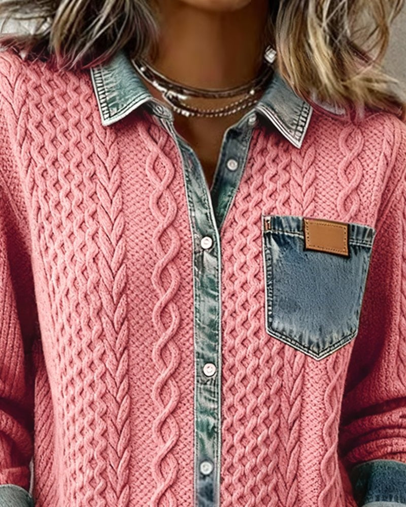 Esther | Blusa de Punto con Detalle Denim Mujer Manga Larga Trenzas