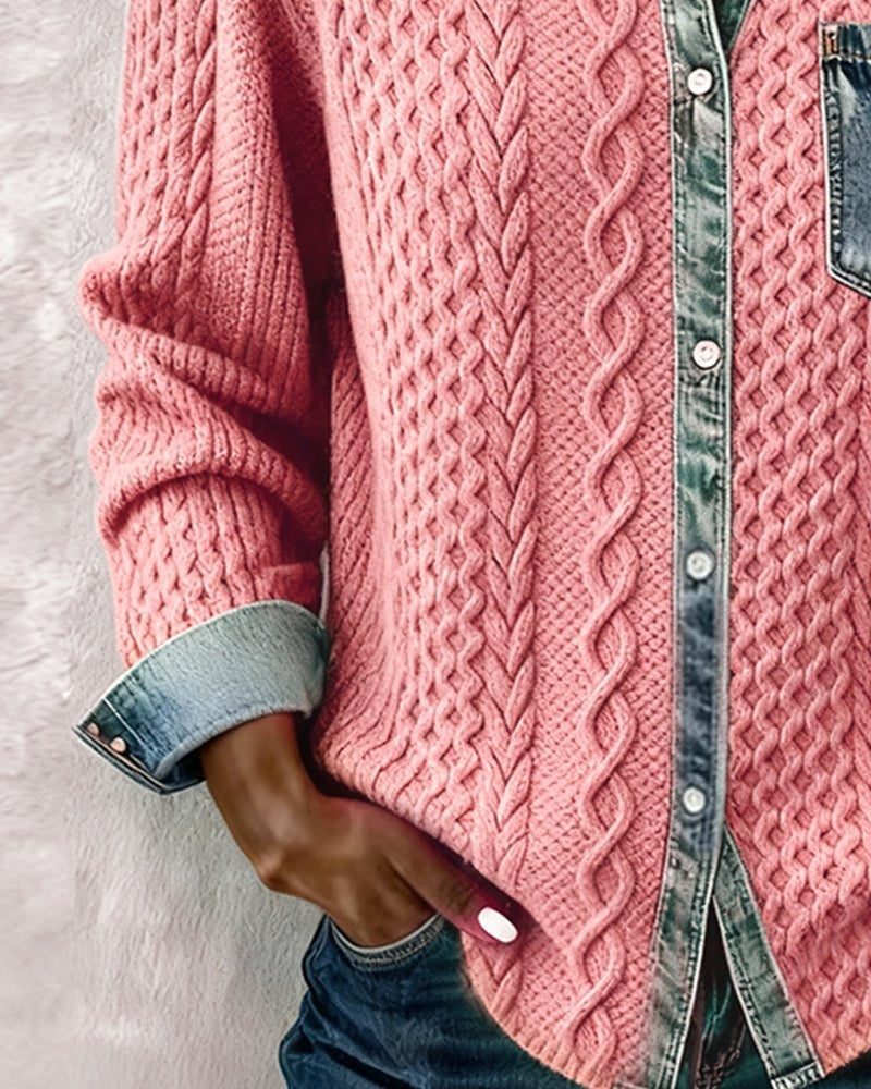 Esther | Blusa de Punto con Detalle Denim Mujer Manga Larga Trenzas