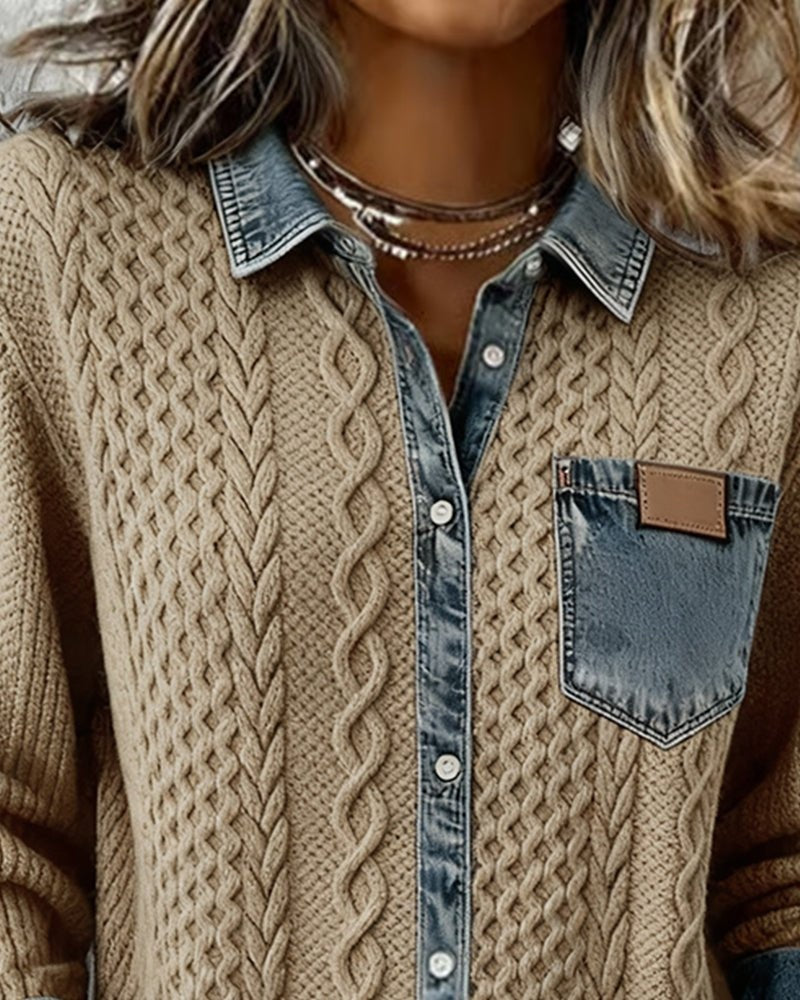 Esther | Blusa de Punto con Detalle Denim Mujer Manga Larga Trenzas