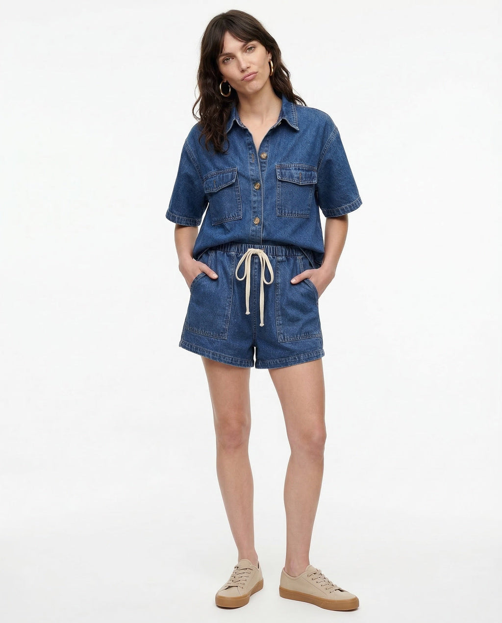 Esther | Conjunto de Denim Dos Piezas Mujer Camisa Manga Corta Shorts