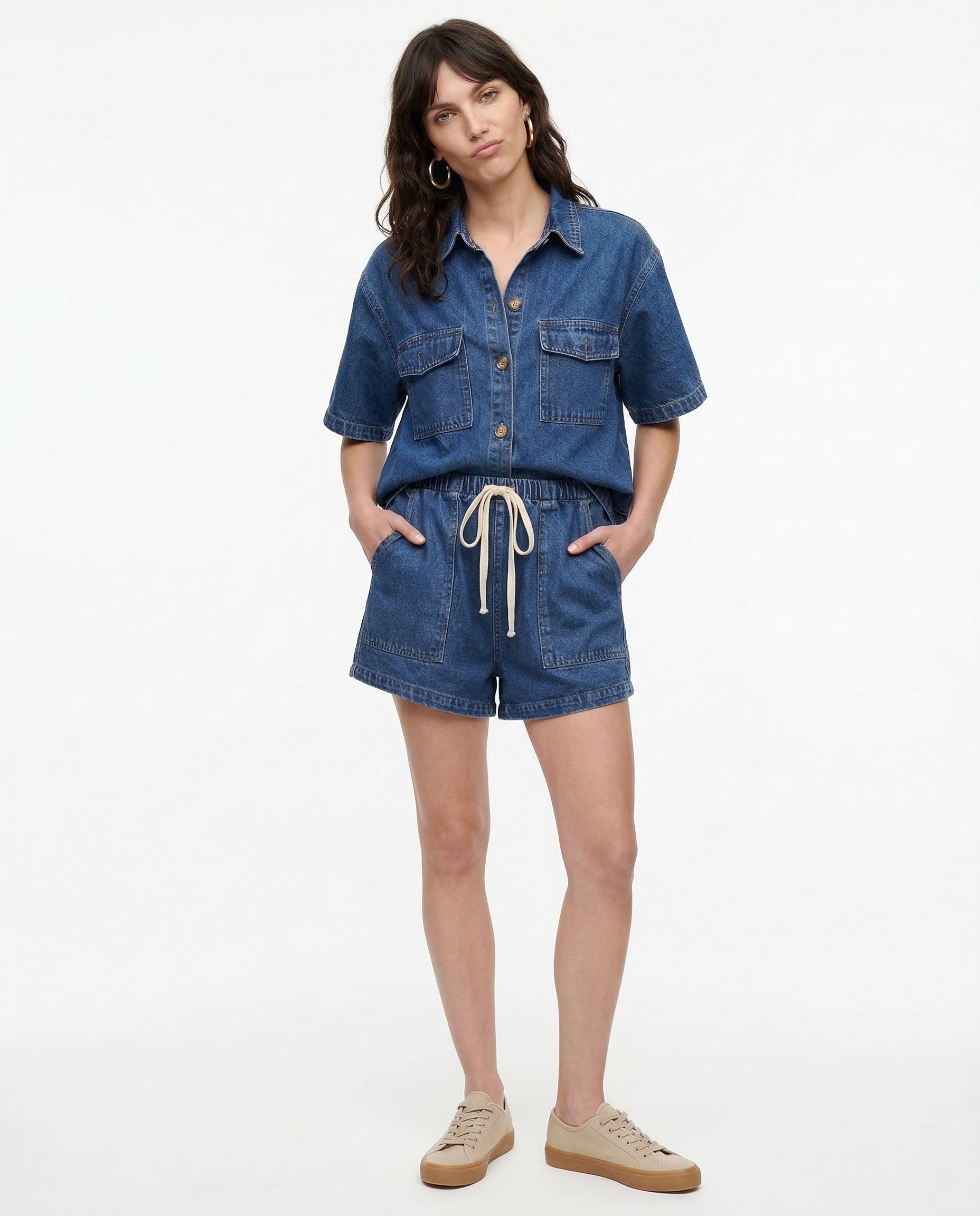 Esther | Conjunto de Denim Dos Piezas Mujer Camisa Manga Corta Shorts