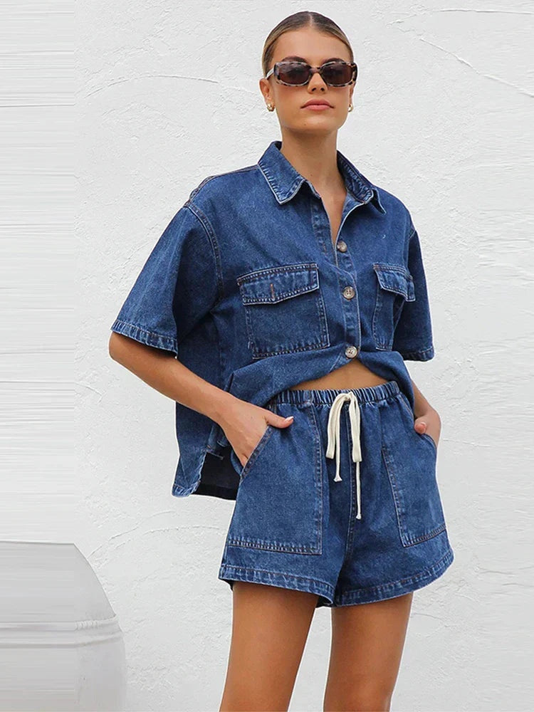 Esther | Conjunto de Denim Dos Piezas Mujer Camisa Manga Corta Shorts