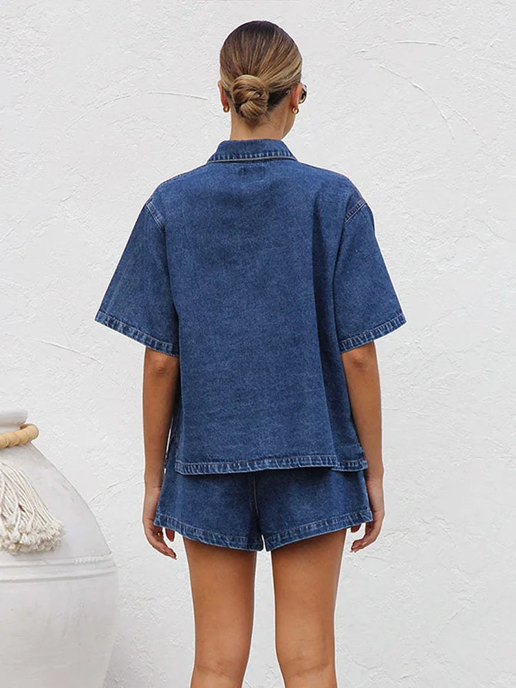 Esther | Conjunto de Denim Dos Piezas Mujer Camisa Manga Corta Shorts