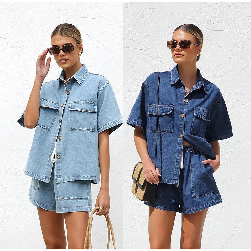 Esther | Conjunto de Denim Dos Piezas Mujer Camisa Manga Corta Shorts