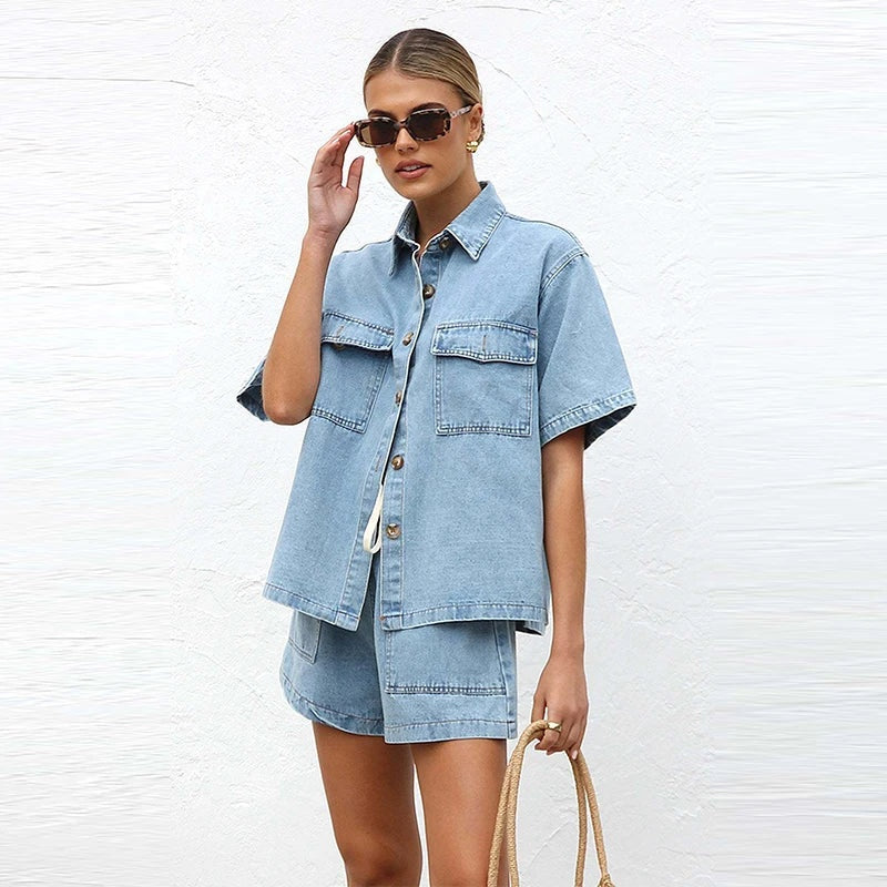 Esther | Conjunto de Denim Dos Piezas Mujer Camisa Manga Corta Shorts