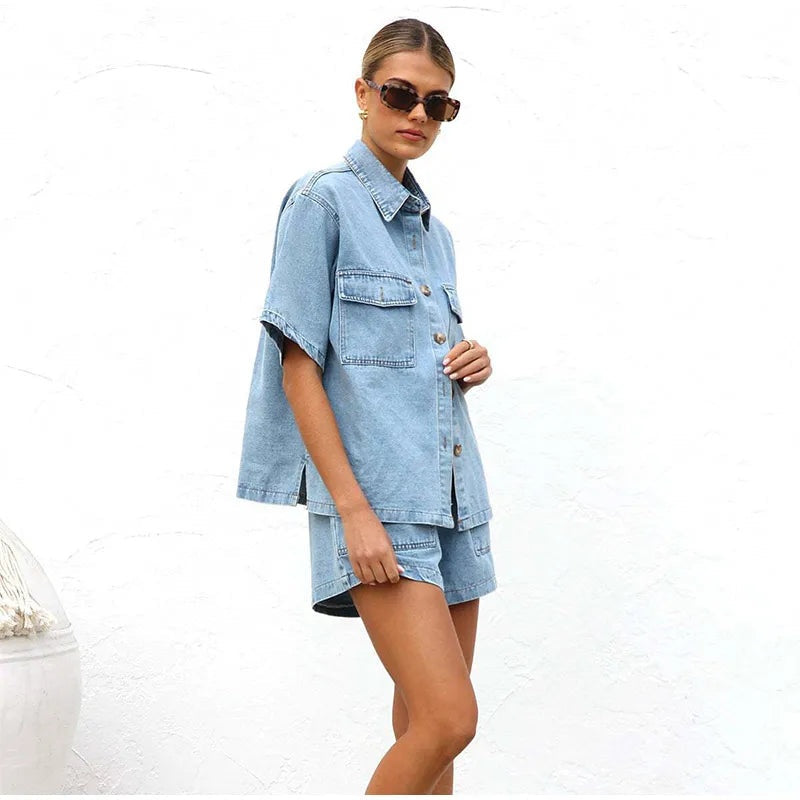 Esther | Conjunto de Denim Dos Piezas Mujer Camisa Manga Corta Shorts