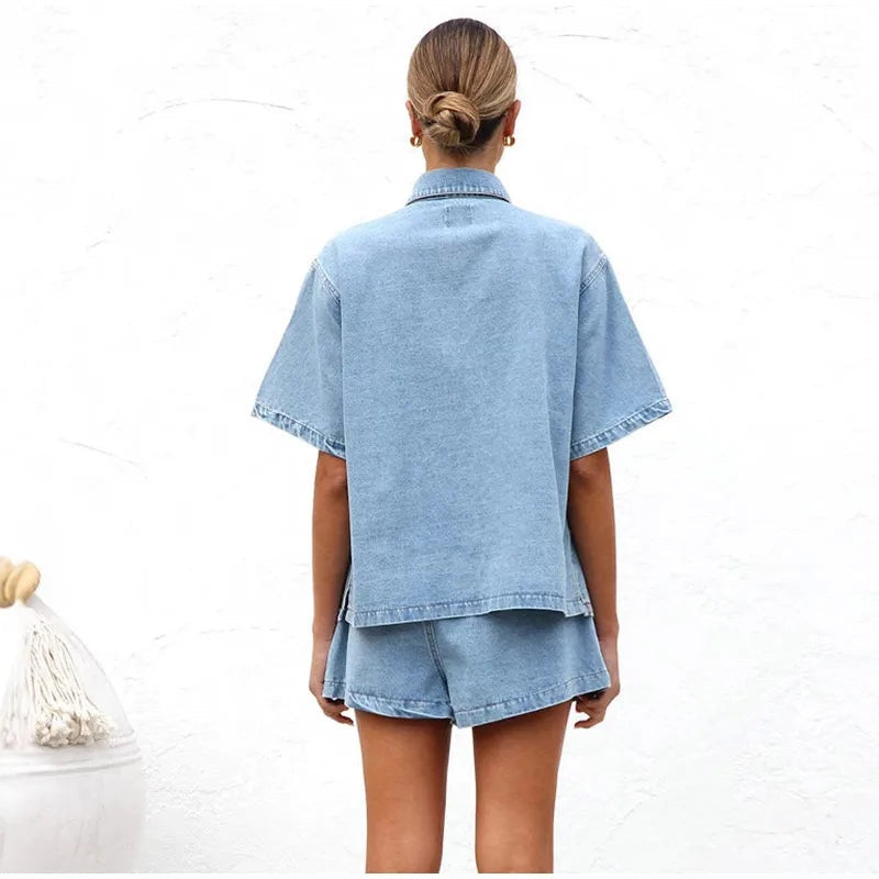 Esther | Conjunto de Denim Dos Piezas Mujer Camisa Manga Corta Shorts