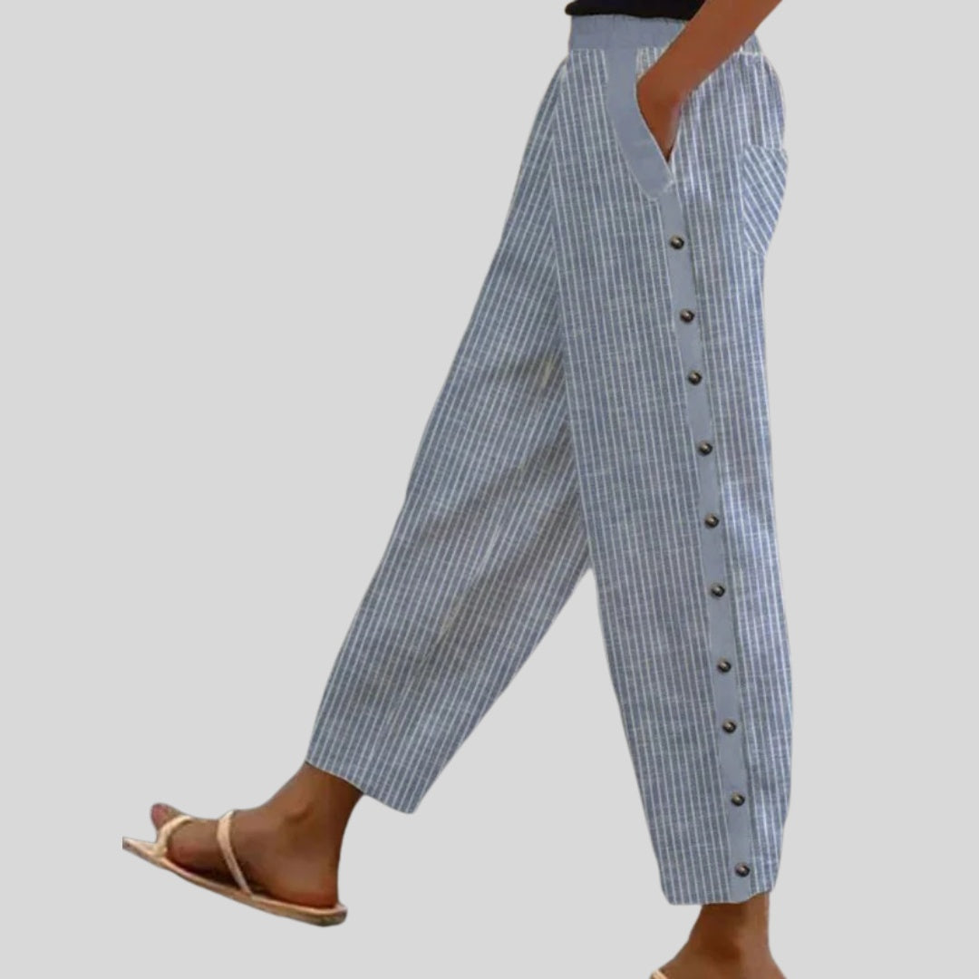 Inés | Pantalón de Verano con Botones Rayado Mujer Cintura Elástica