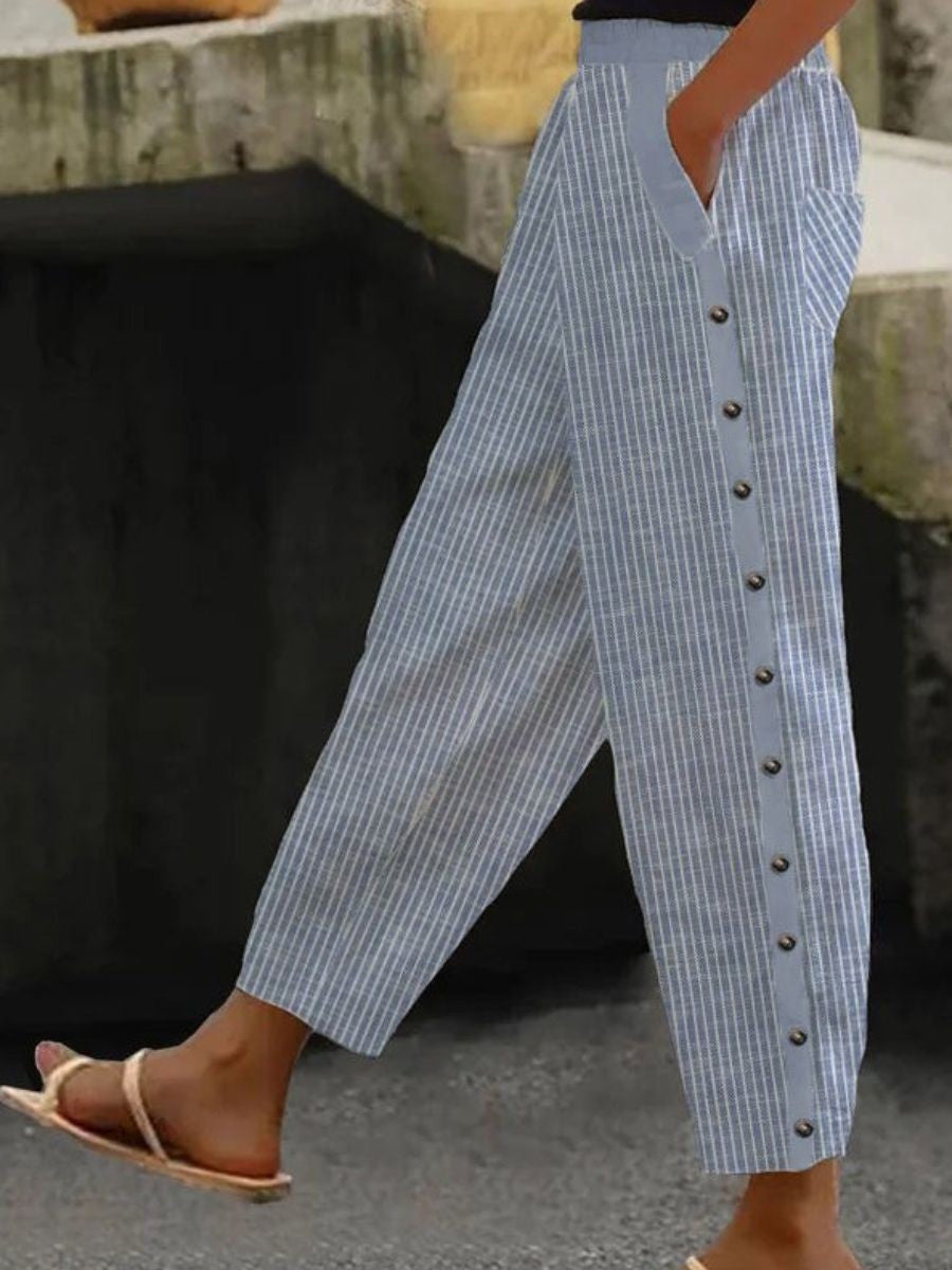 Inés | Pantalón de Verano con Botones Rayado Mujer Cintura Elástica