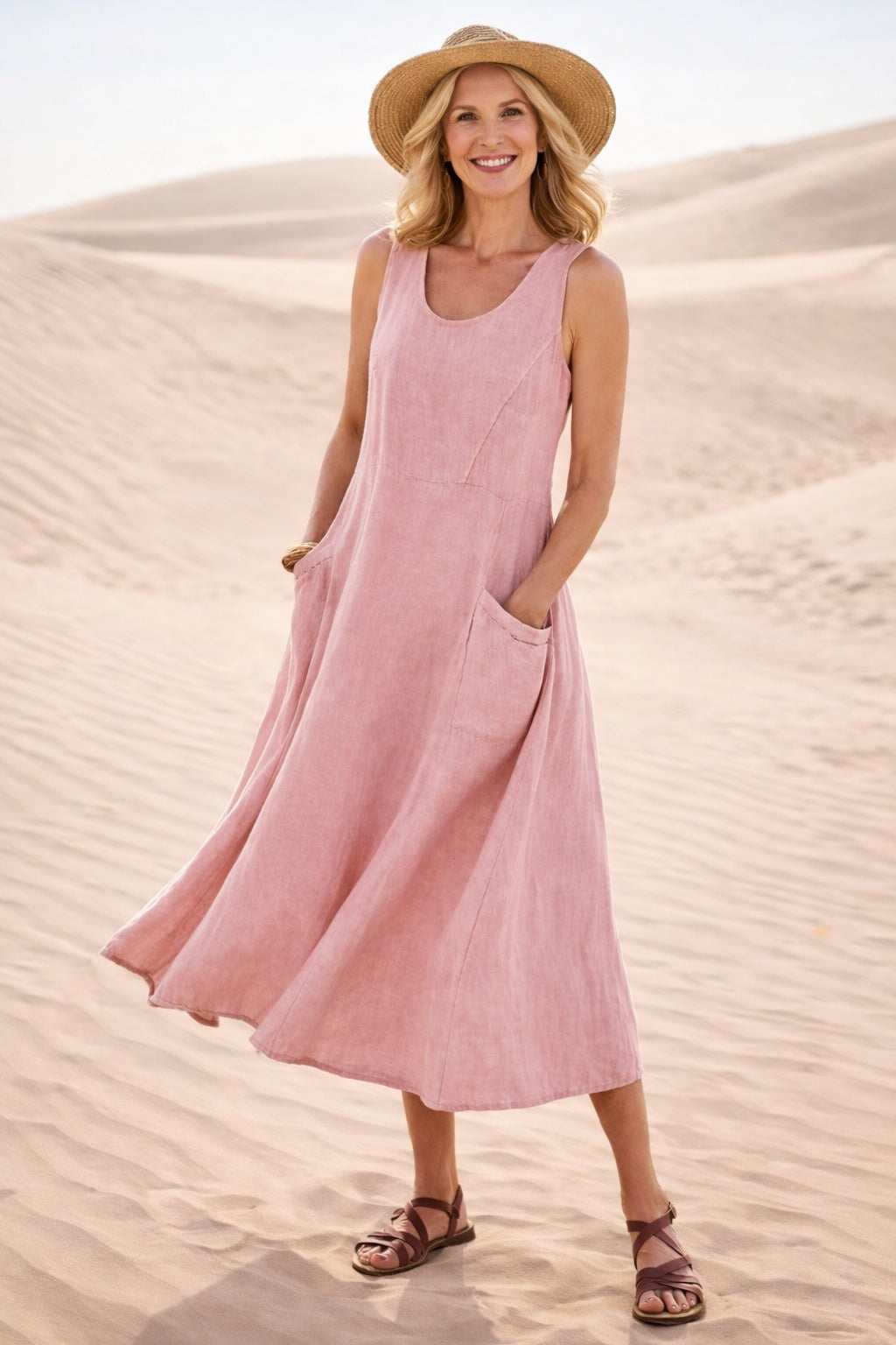 Inmaculada | Vestido Midi Casual de Lino con Bolsillos Mujer Sin Mangas