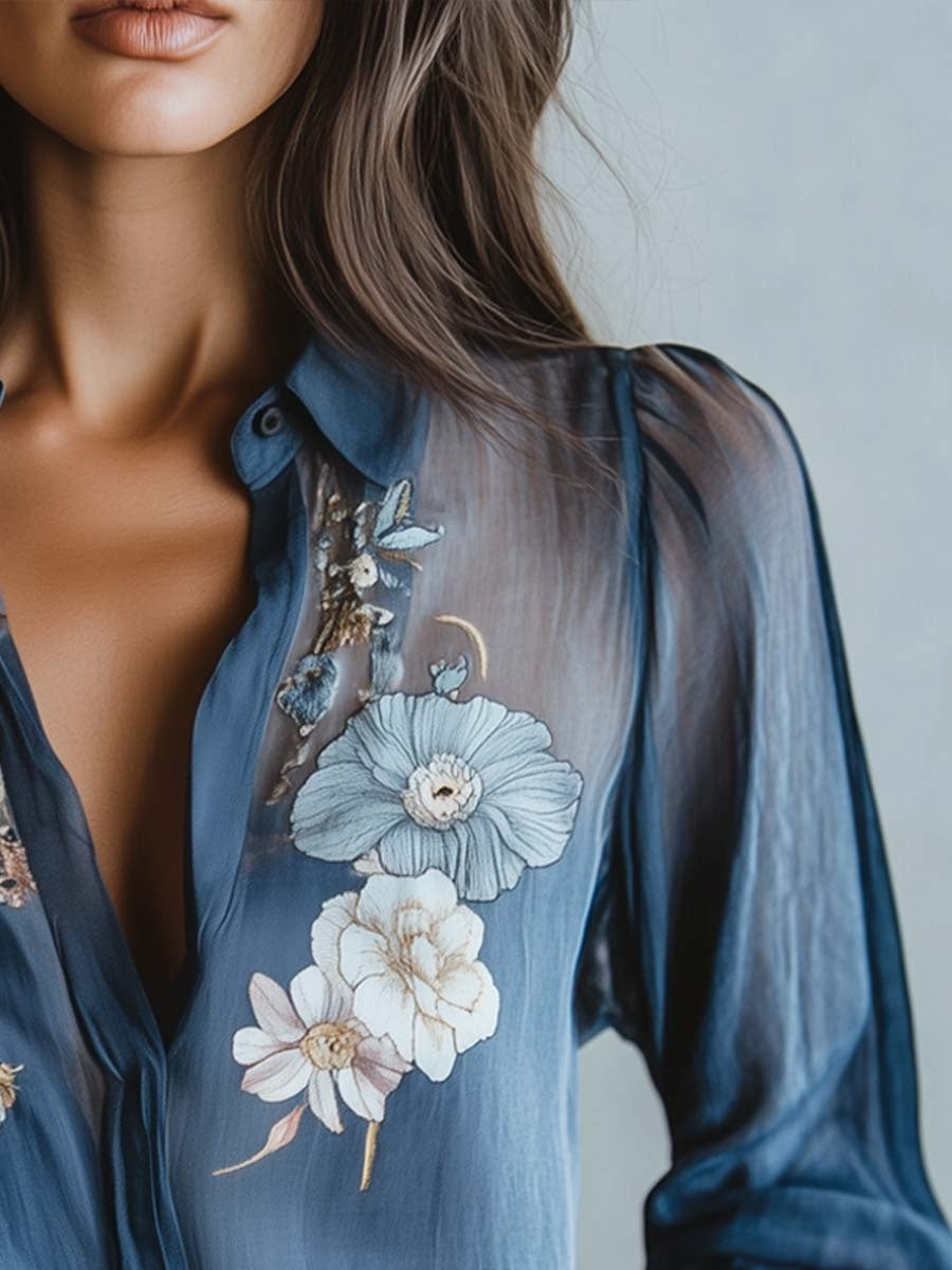 Irene | Blusa Floral Elegante de Manga Larga Mujer Transparente