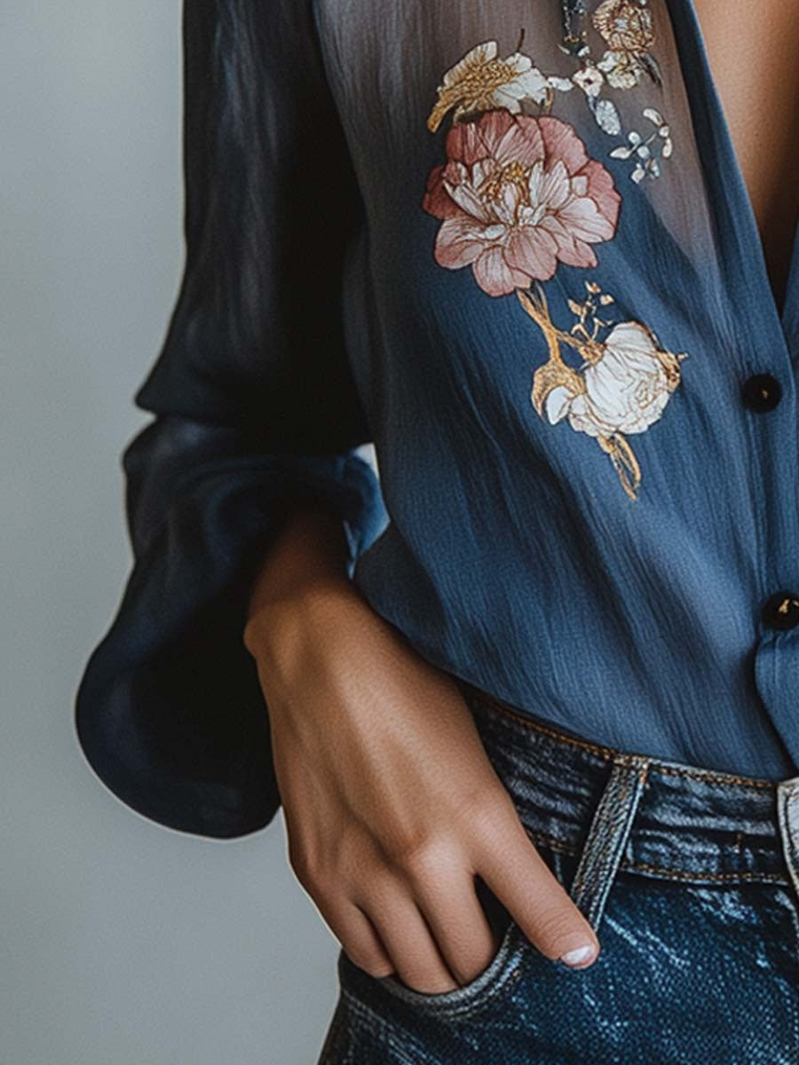 Irene | Blusa Floral Elegante de Manga Larga Mujer Transparente